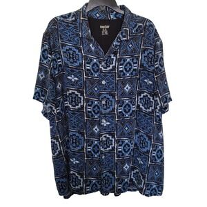 King Size Geometric Tribal Print Shirt Mens 2XL Big Blue Rayon Short Sleeve